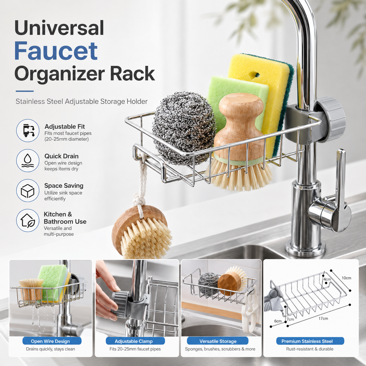 Adjustable Stainless Steel Faucet Storage Rack for Kitchen & Bathroom (Free Delivery)