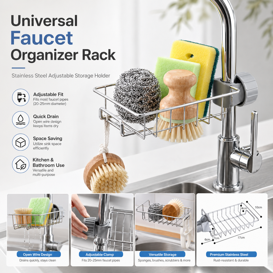 Adjustable Stainless Steel Faucet Storage Rack for Kitchen & Bathroom (Free Delivery)